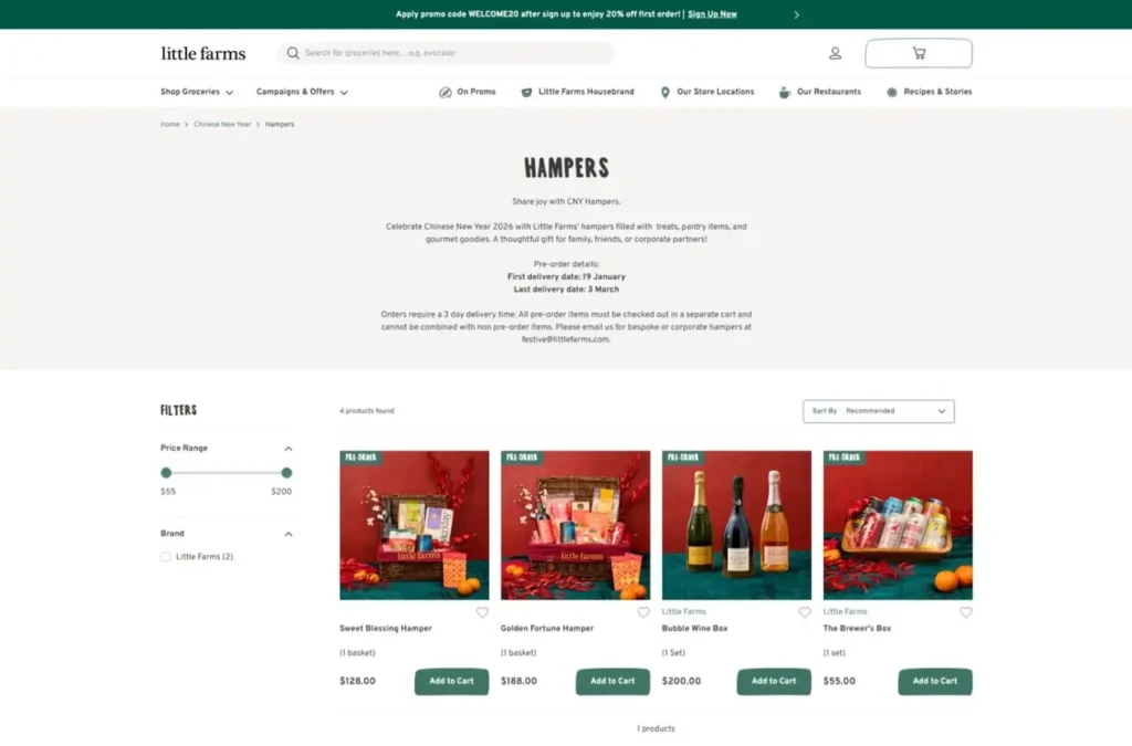 Little Farms Lunar New Year hampers showing Sweet Blessing and Golden Fortune gift sets, featuring Three Friends Tasmanian abalone